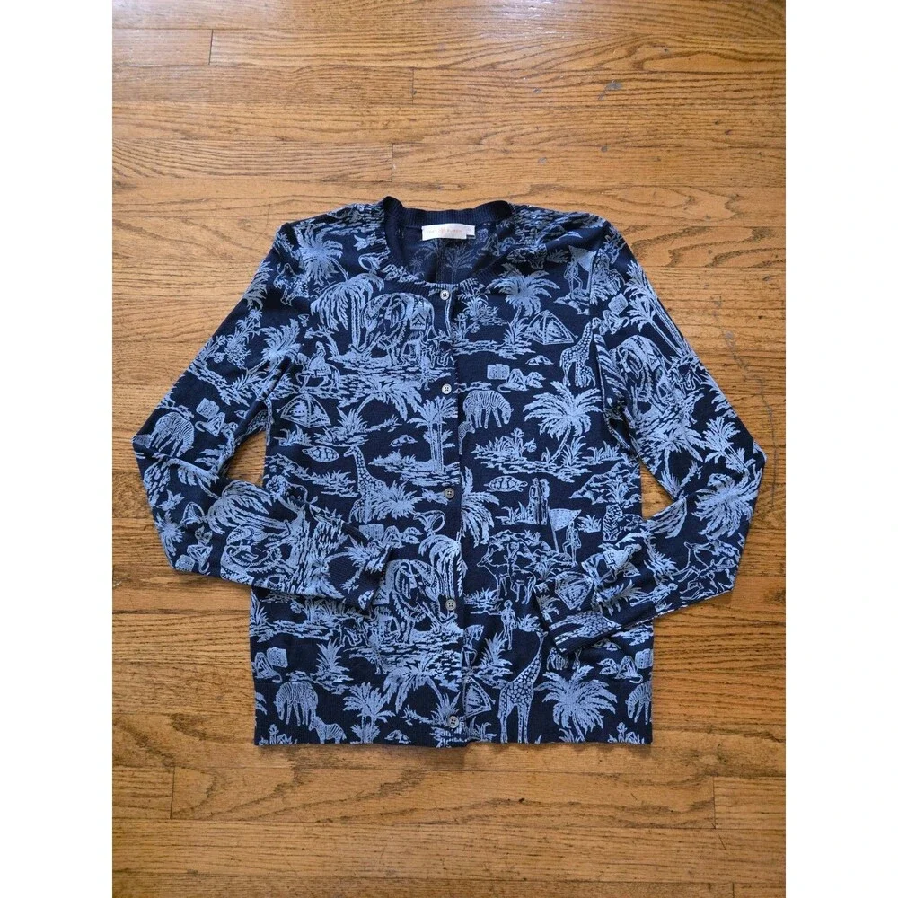 Tory Burch Women's Safari Print Semi Sheer Button Up Cardigan Blue Size Small